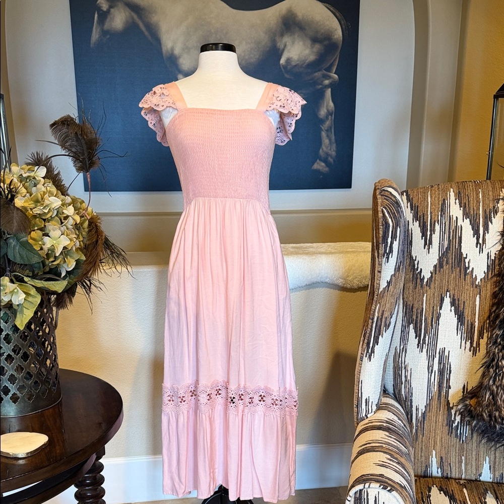 Pink Smocked Midi Dress with Eyelet Details